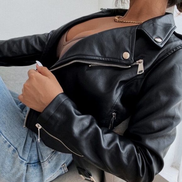Black Vegan Leather Zipper Moto Biker Jacket y2k - Picture 2 of 5